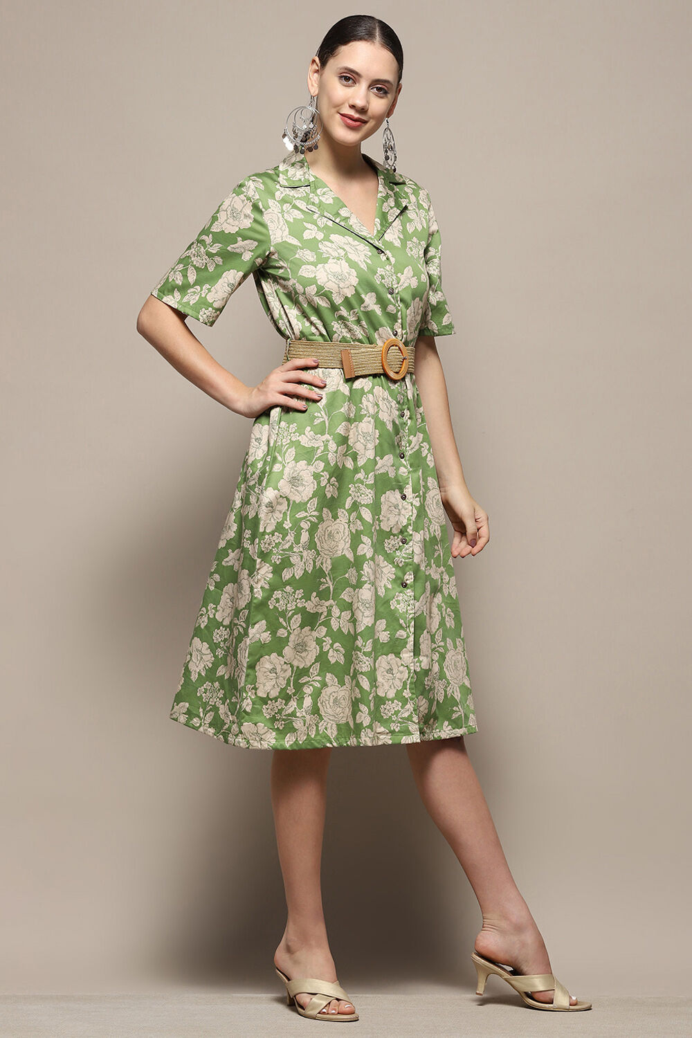 Dark Green Pure Cotton Floral Printed Straight Dress image number 5