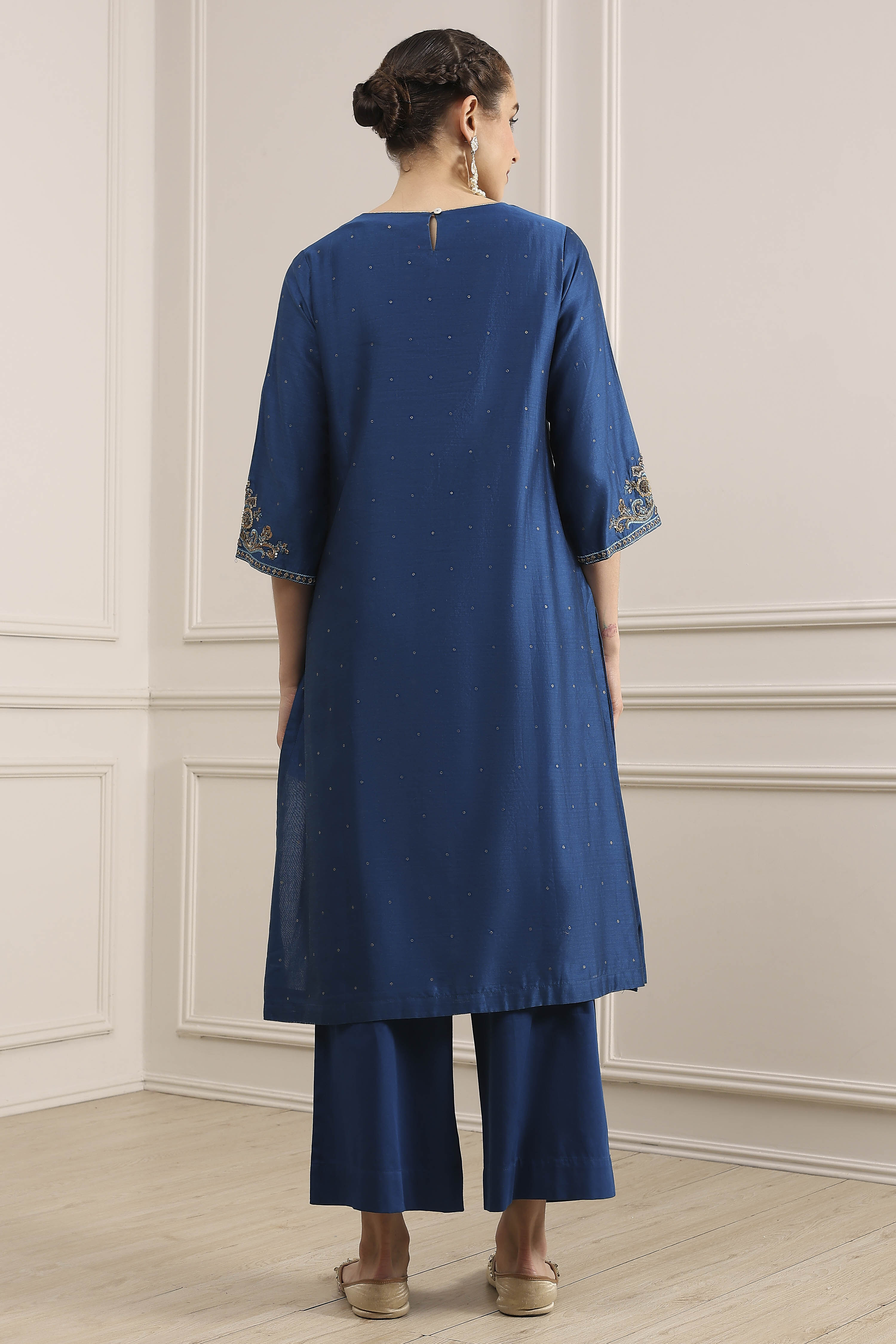 Blue Chanderi Embroidered Straight Suit Set image number 4