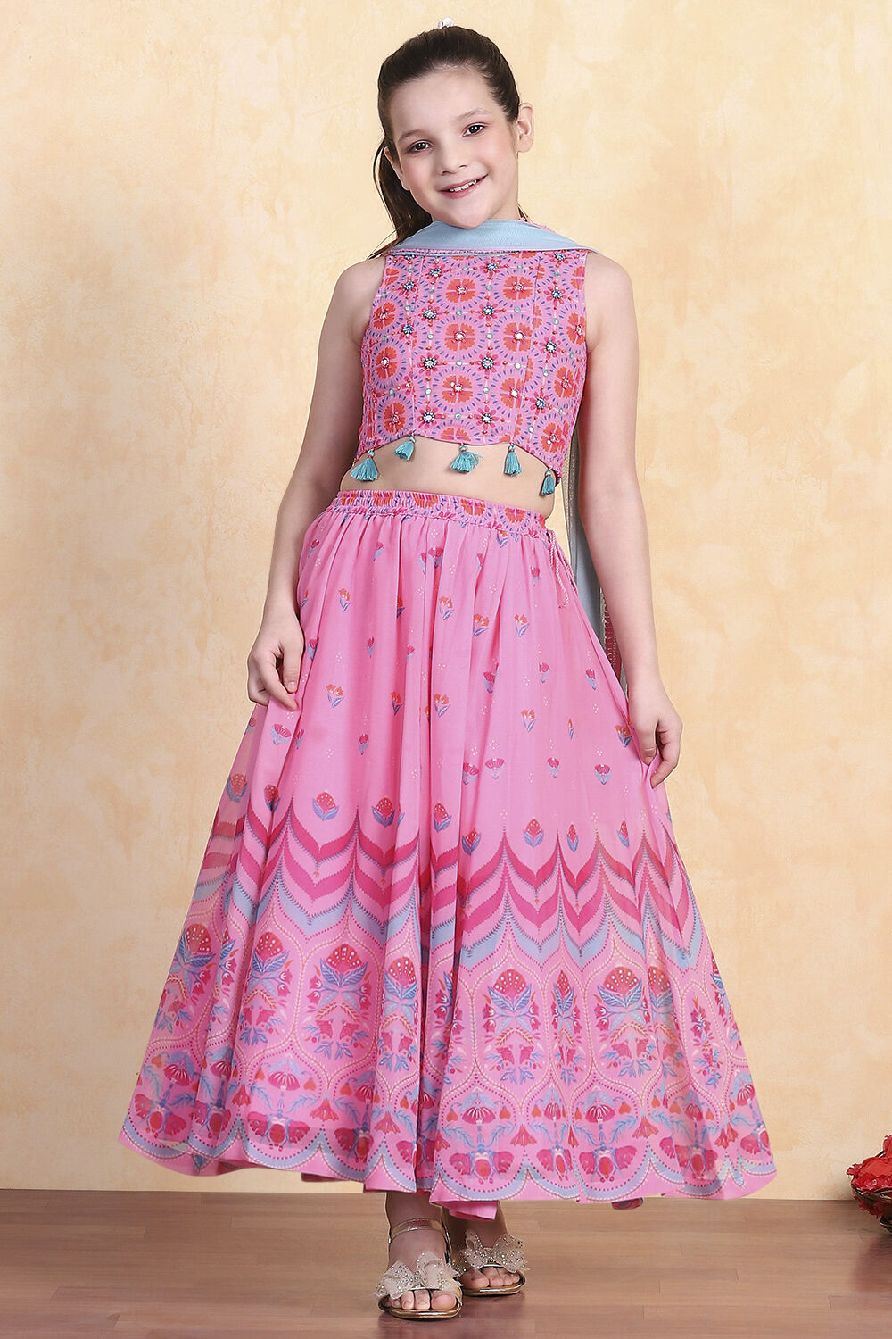 Pink Printed Flared Lehenga Set image number 6