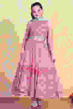 Pink Printed Flared Lehenga Set image number 6