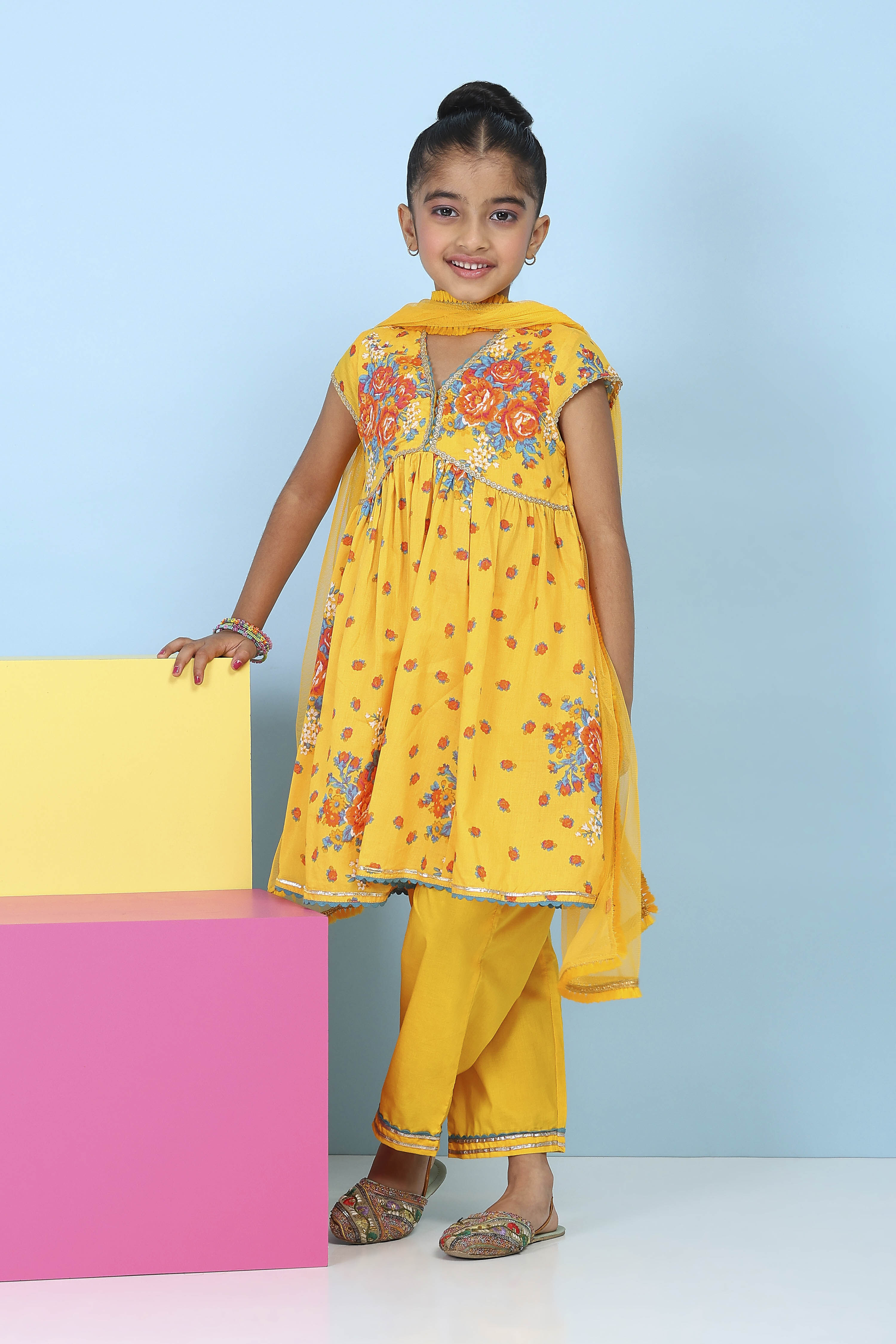 Yellow Cotton Printed Anarkali Suit Set image number 6