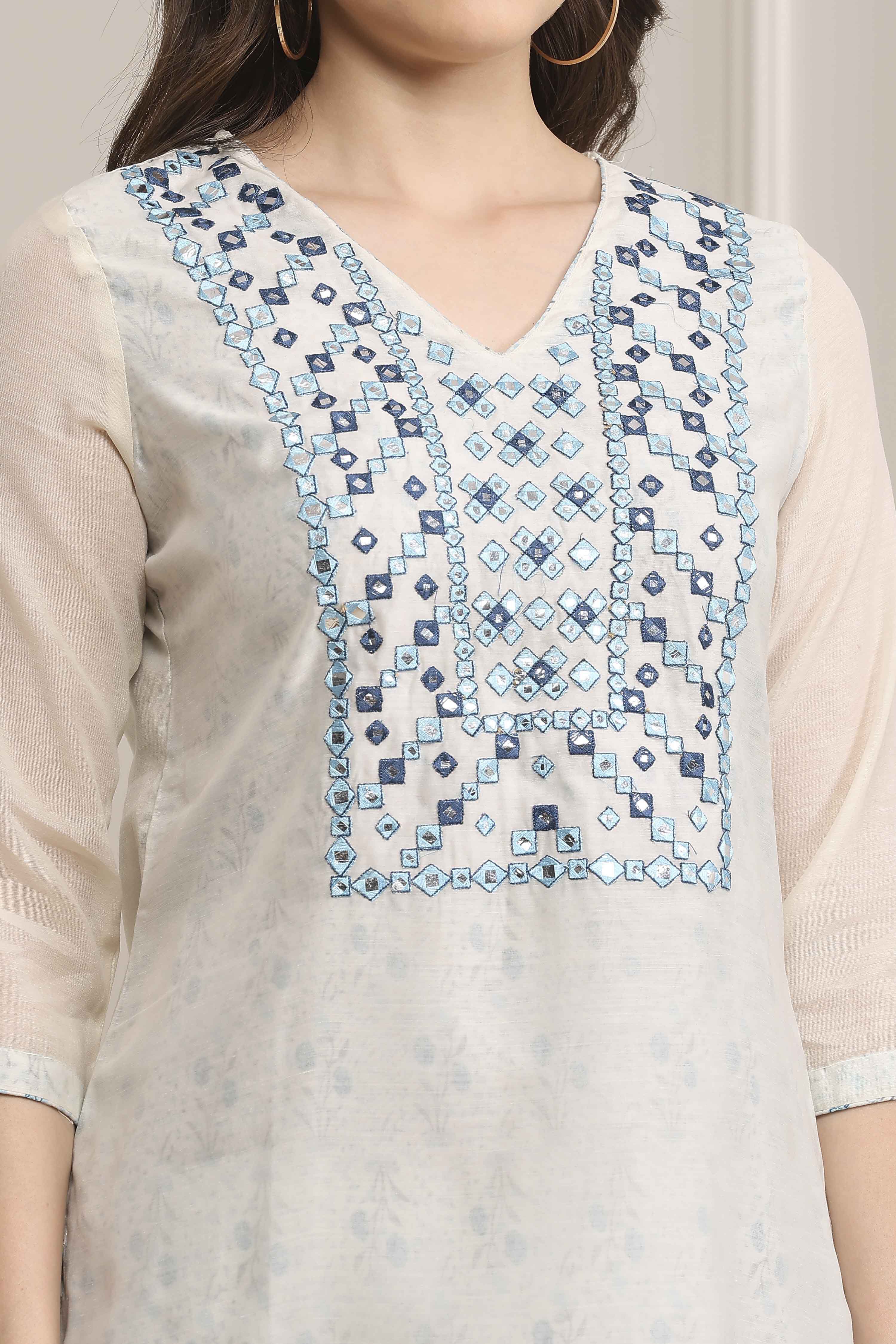 Off White Art Silk Straight Kurta Regular Pant Suit Set image number 1