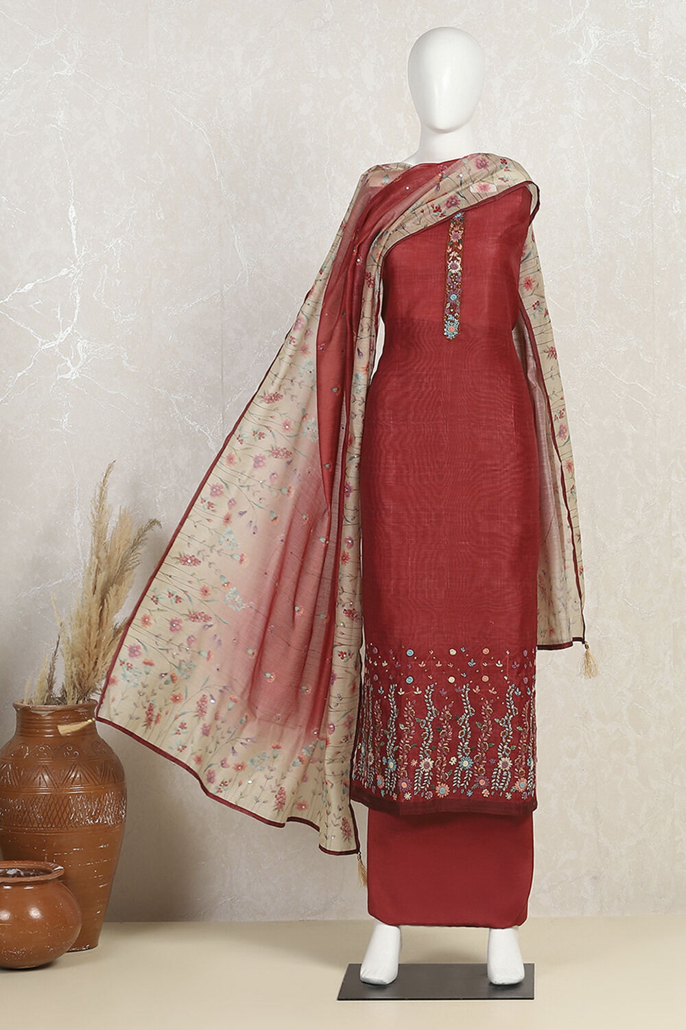 Red Chanderi Hand Embroidered Unstitched Suit Set image number 4