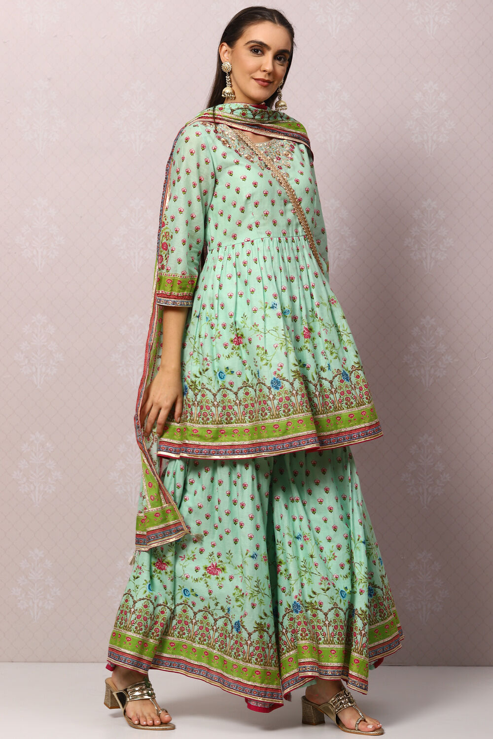 Mint Green Cotton Sharara Kurta Garara Suit Set image number 6