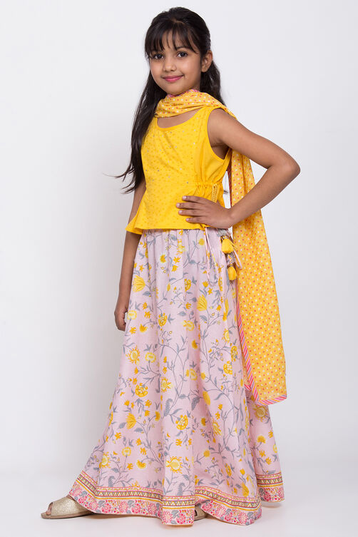 Yellow Cotton Floral Lehenga Set image number 3