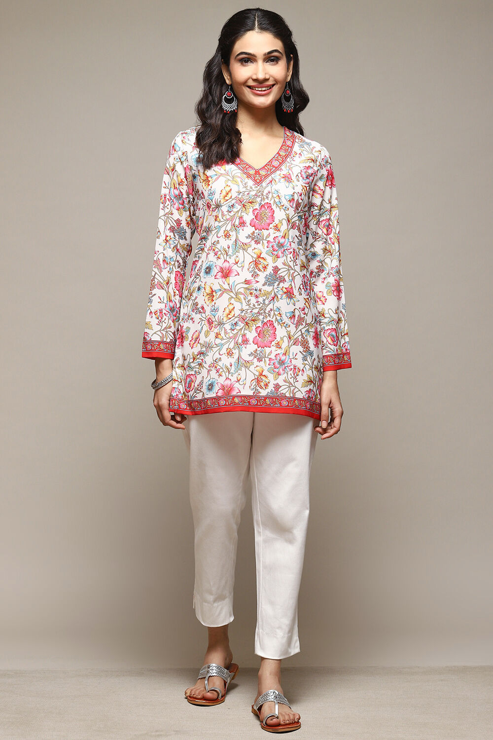 Off White Cotton Blend Printed Kurti image number 0