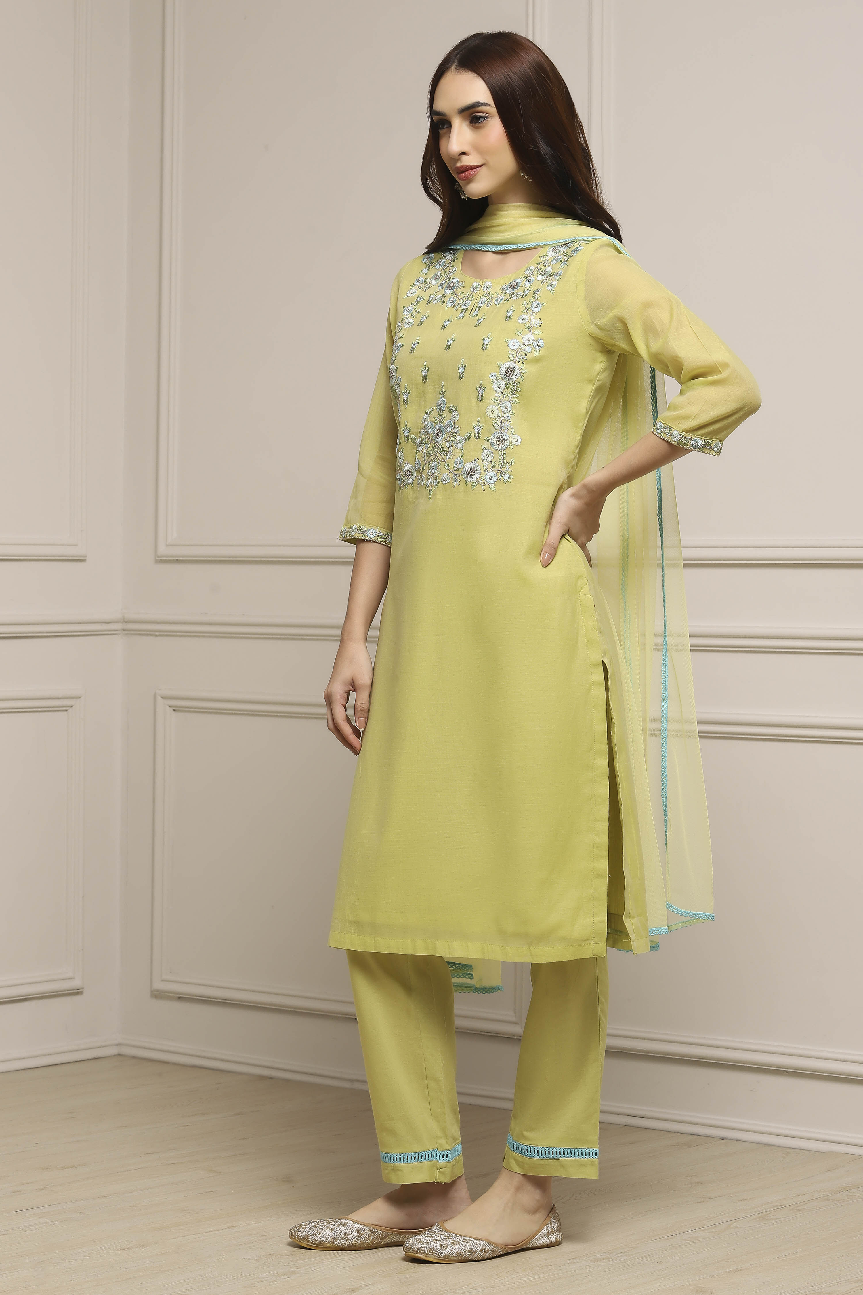 Sage Green Art Silk A-Line Kurta Regular Pant Suit Set image number 3