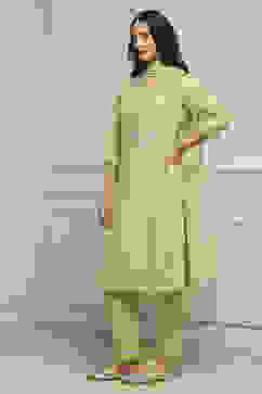 Sage Green Art Silk A-Line Kurta Regular Pant Suit Set image number 3