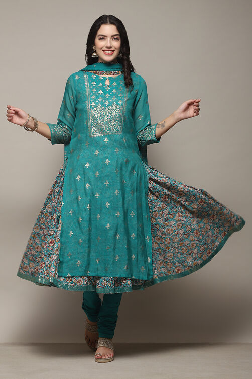Off White Cotton Layered Printed Kurta Churidar Suit Set image number 0