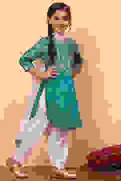 Green and White Cotton Printed Straight Suit Set image number 3