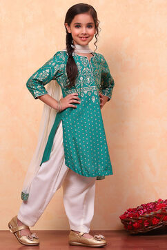 Green and White Cotton Printed Straight Suit Set image number 3