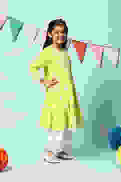 Lime Green Cotton Tiered Kurta Straight Palazzo 2 Piece Set image number 5