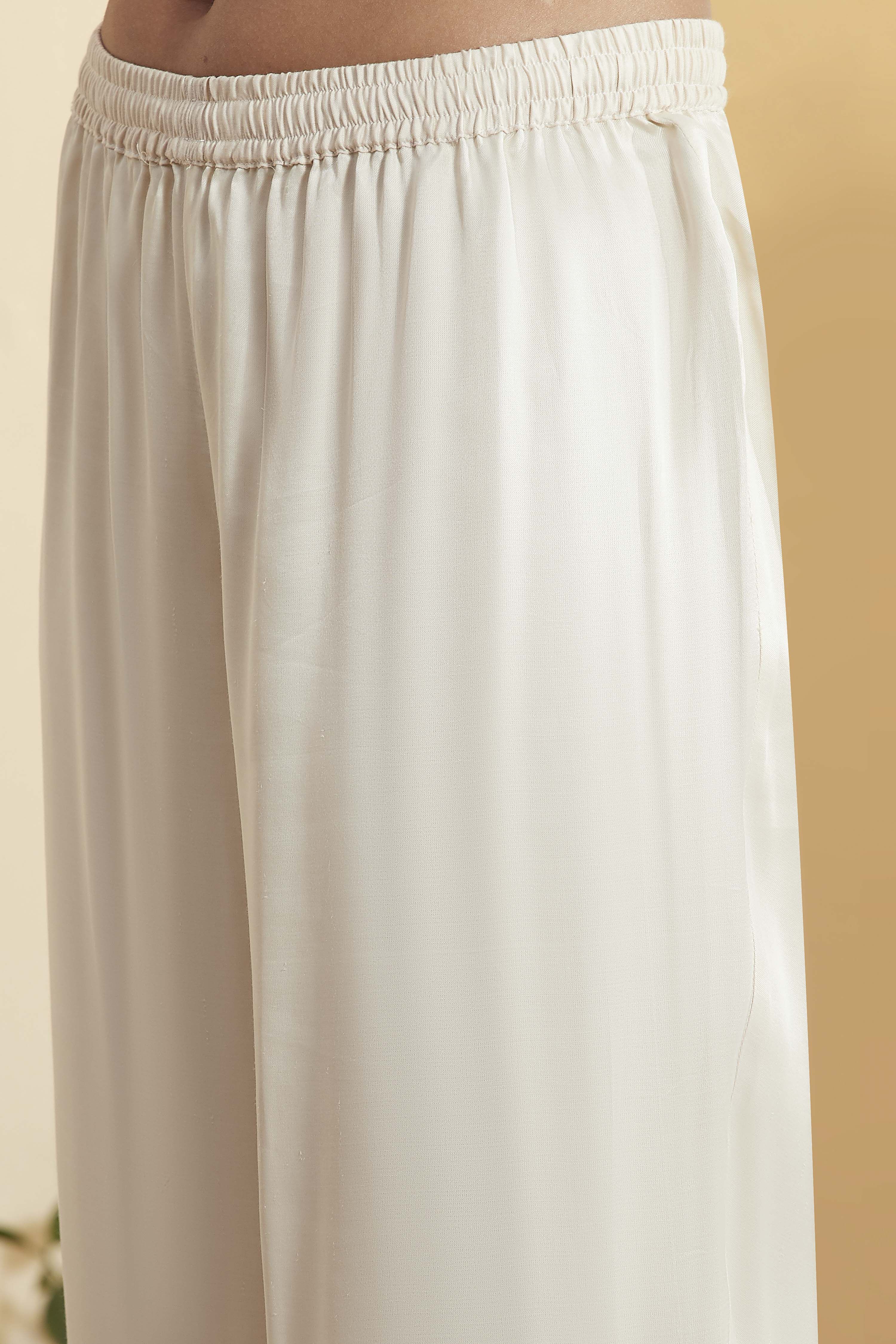 Off-White Viscose Rayon Solid Straight Palazzo image number 1