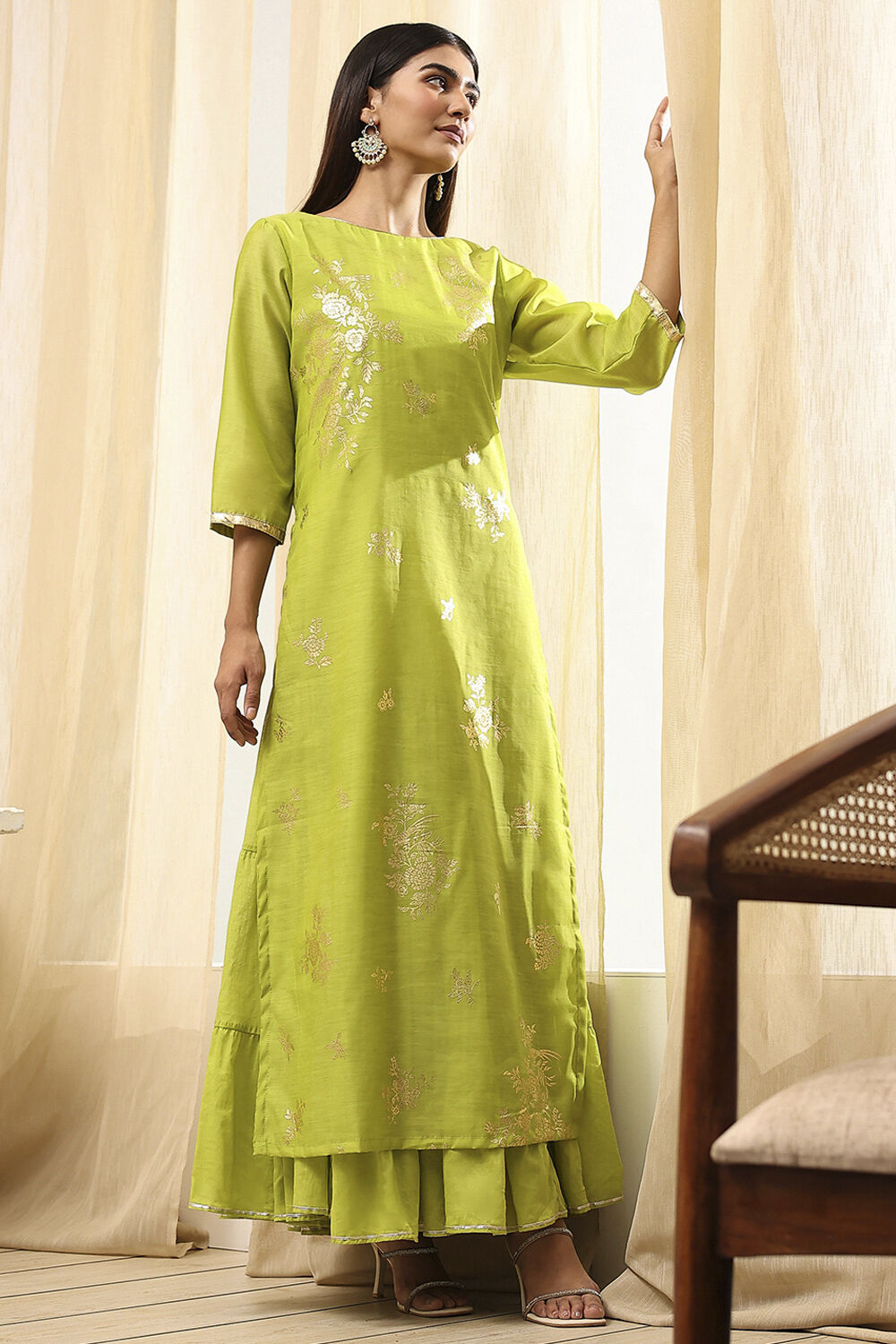 Green Poly Chanderi Layered Tiered Dress image number 4