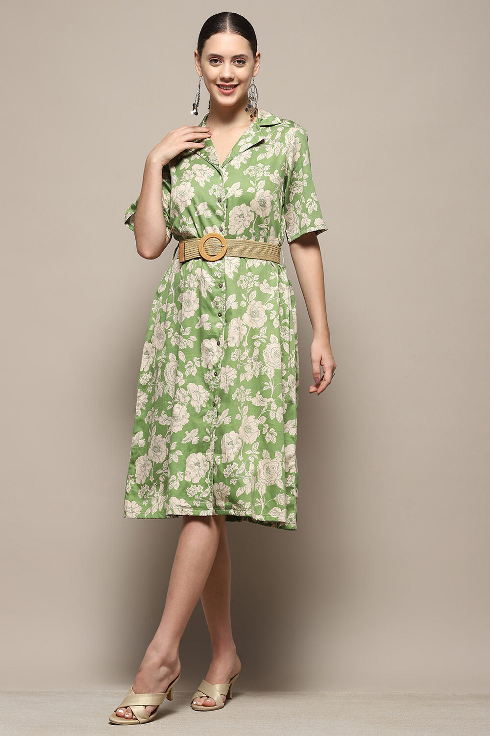 Dark Green Pure Cotton Floral Printed Straight Dress image number 6