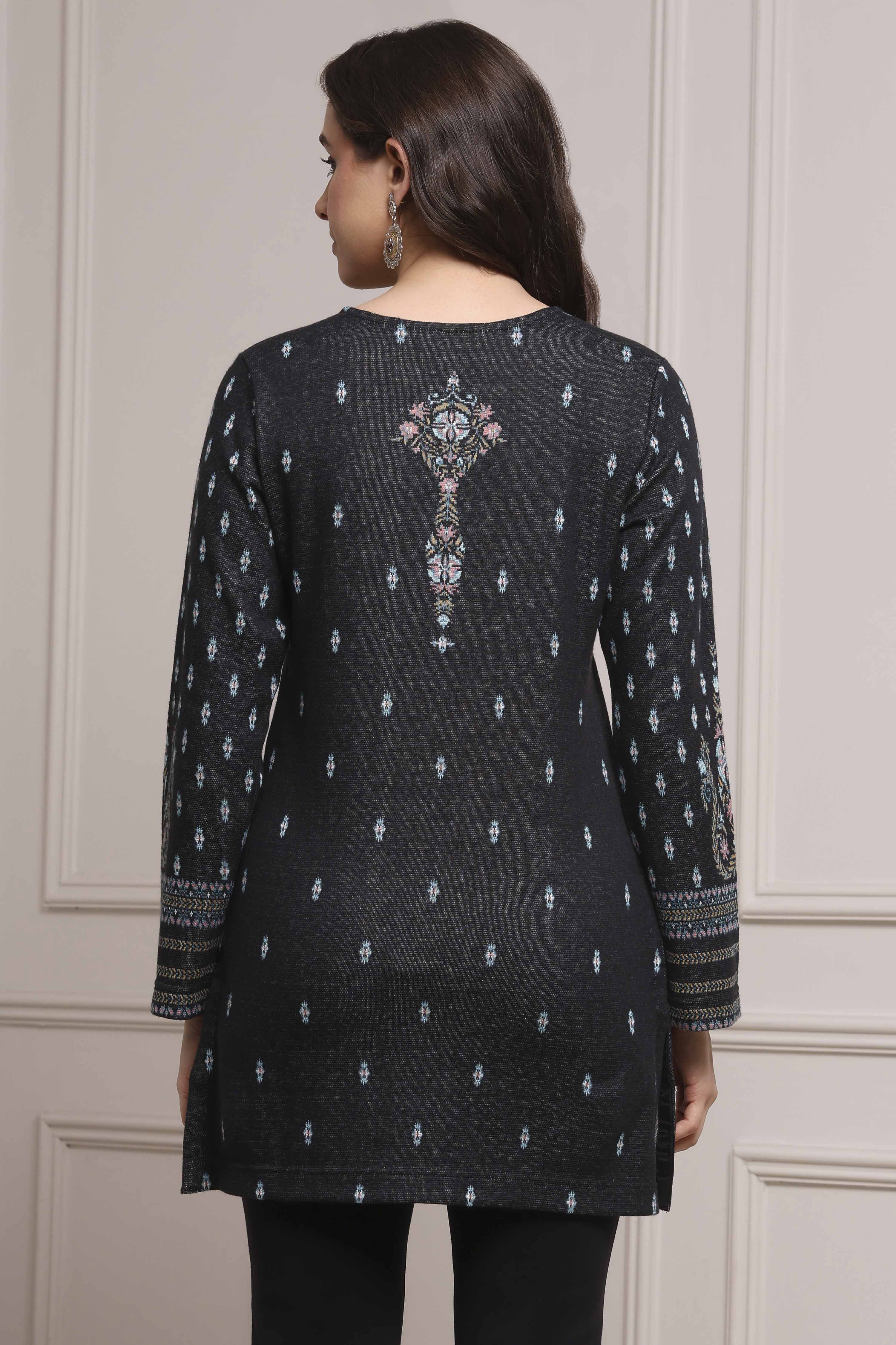 Black Cotton Blend Yarndyed Straight Kurta image number 3