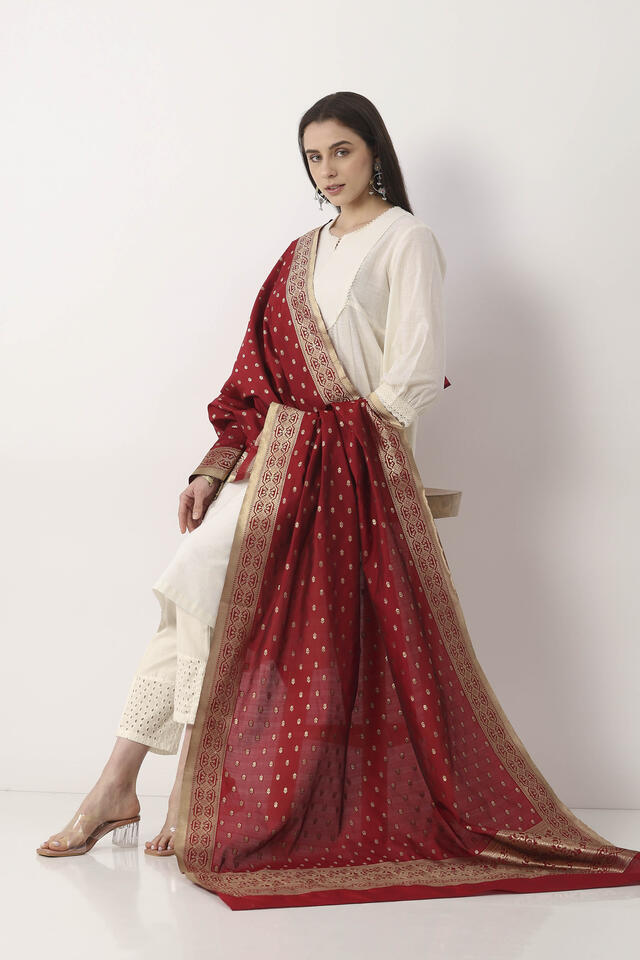 BIBA Maroon White Art Silk Dupatta in Maroon White