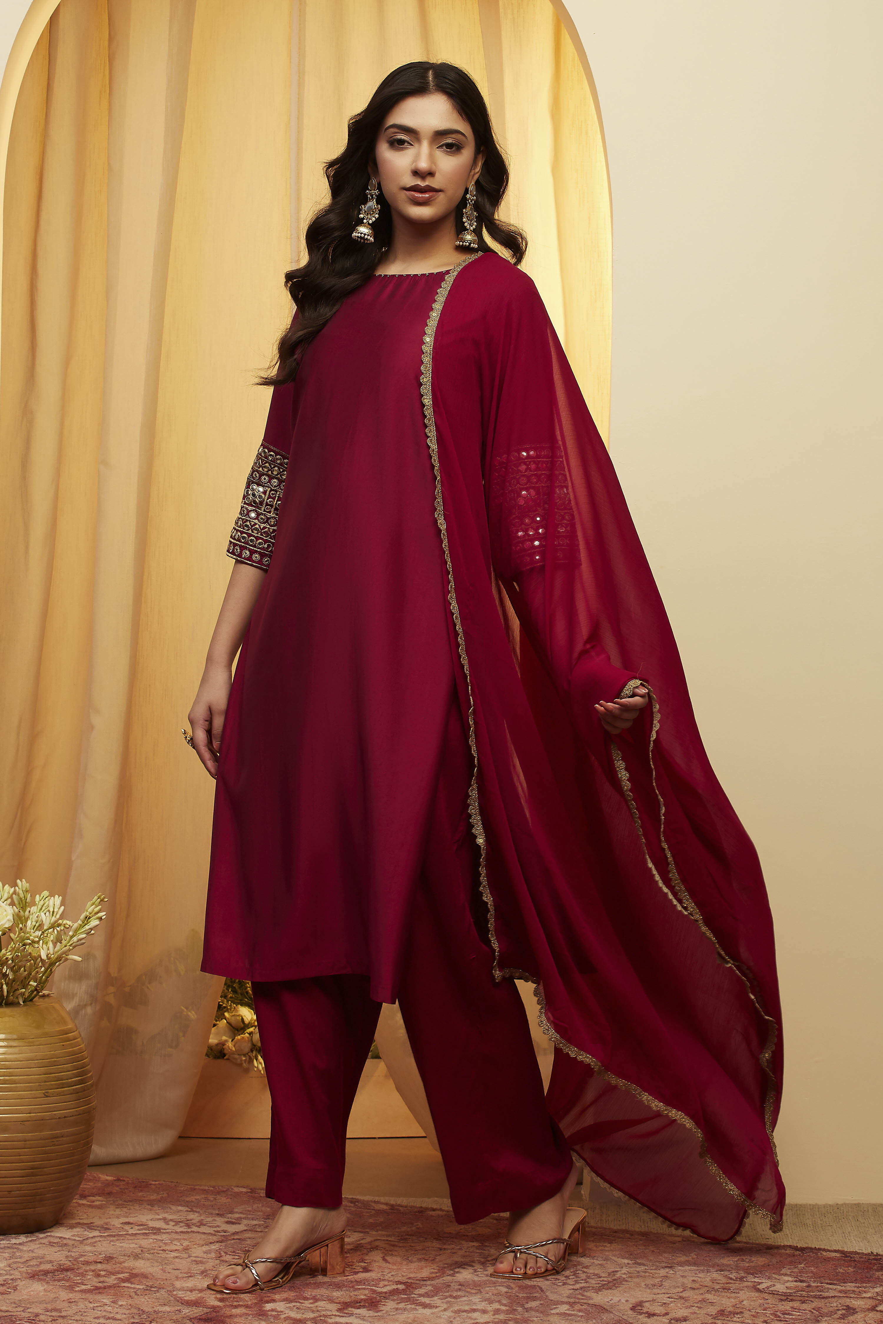 Wine Viscose Blend Straight Suit Set image number 2