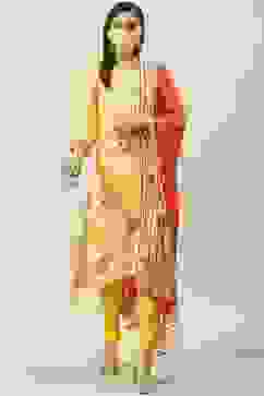 Yellow Printed Viscose A-Line Kurta Slim Pants Suit Set image number 6