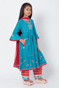 Turquoise And Red Cotton Anarkali Kurta Flared Palazzo Suit Set image number 4