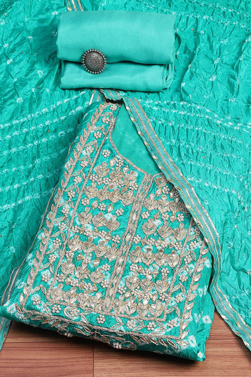 Orange Silk Blend Bandhej Crinkled Unstitched Suit Set image number 0