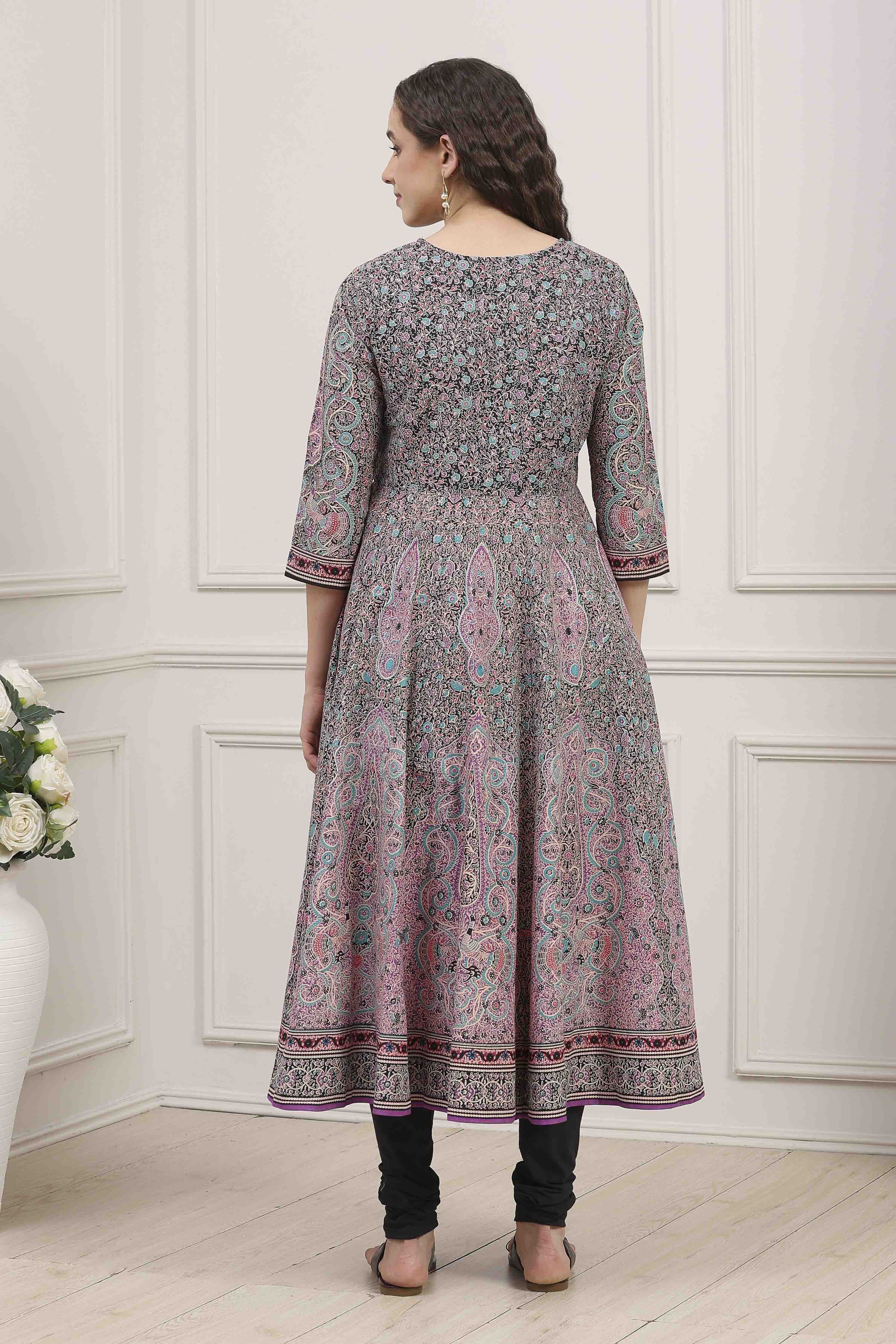 Purple Cotton Printed Anarkali Suit Set image number 4