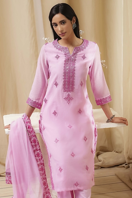 Pink Embroidered Straight Suit Set image number 7