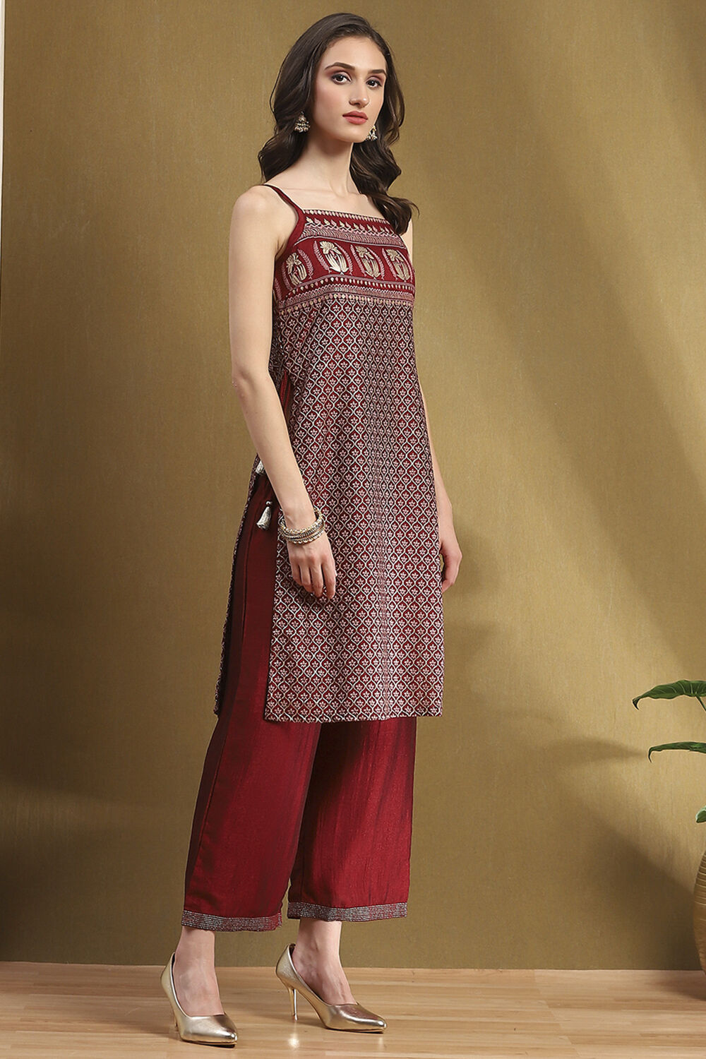Grey Silk Floral Hand-Block Printed Festive Straight Kurta image number 4