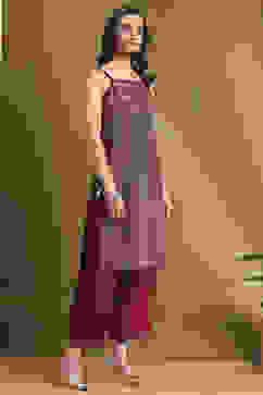 Maroon Silk Floral Hand-Block Printed Festive Straight Kurta image number 4