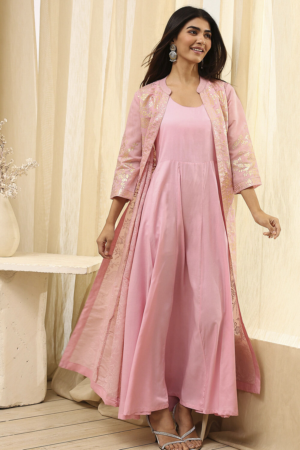 Earthy Brown Printed Layered Cape Dress image number 1