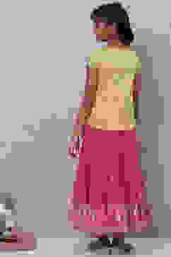 Lime Green And Pink Cotton Straight Kurta Skirt Suit Set image number 4