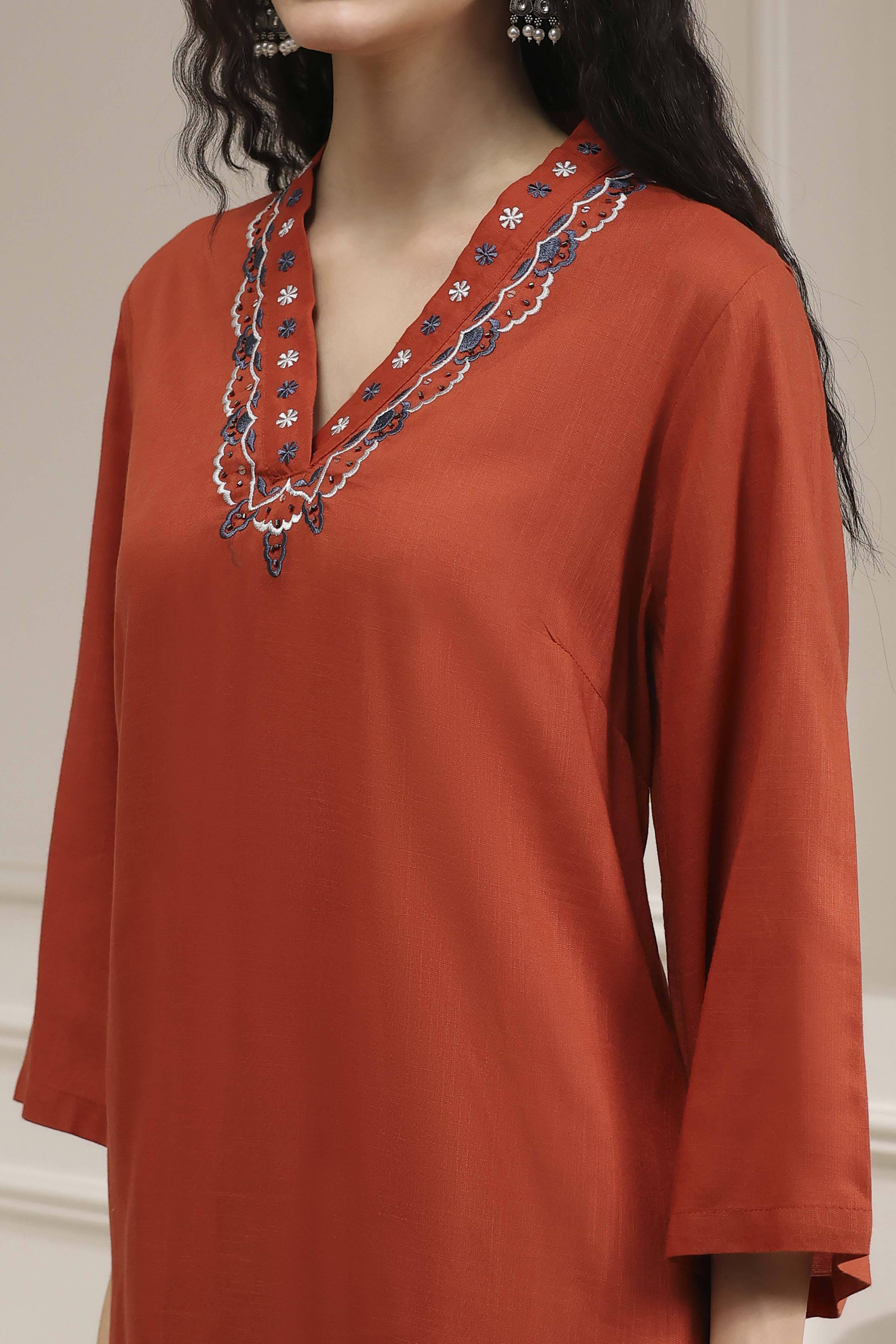 Orange Solid Straight Suit Set image number 1