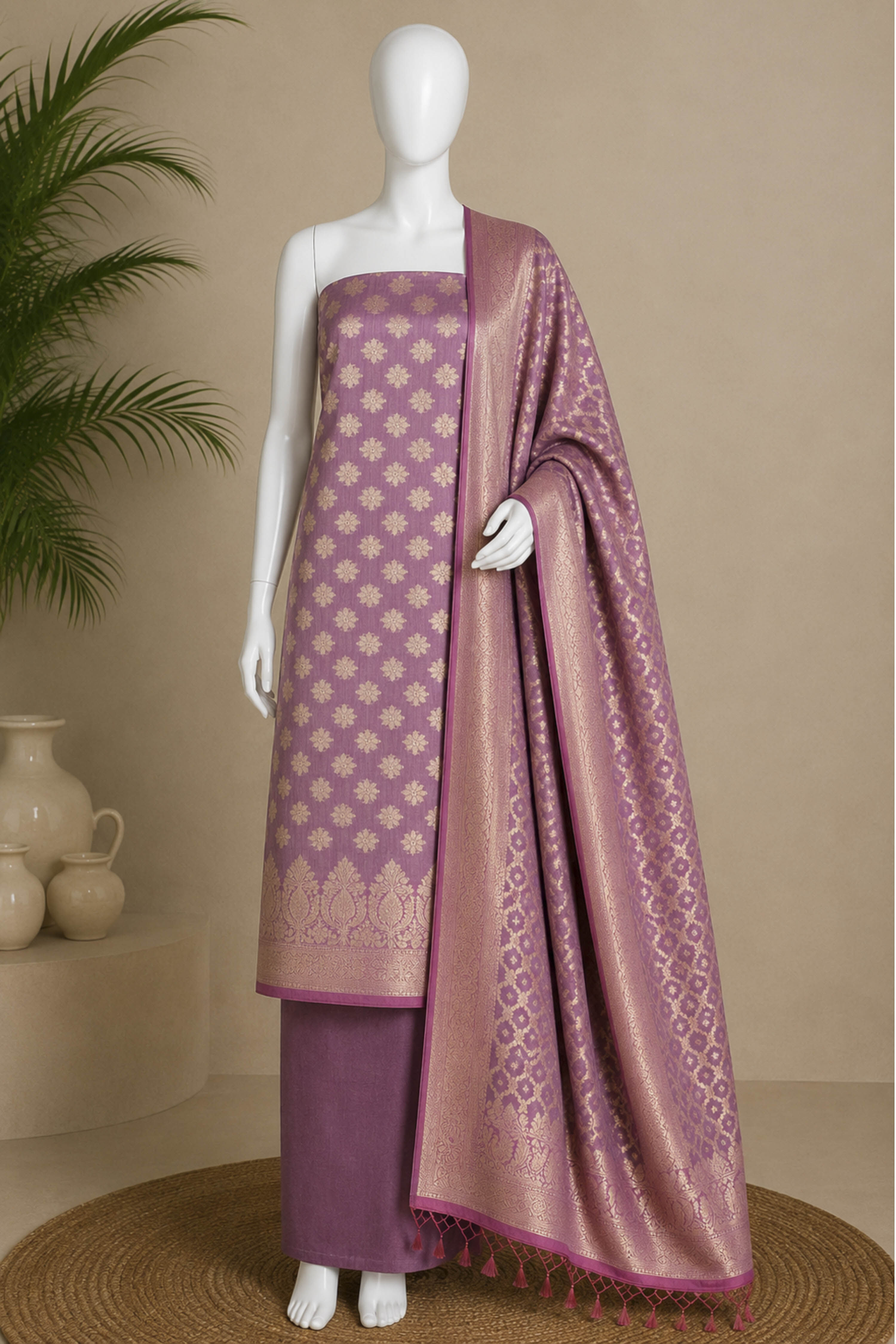 Purple Chanderi Banarsi Weave Unstitched Suit Set image number 5