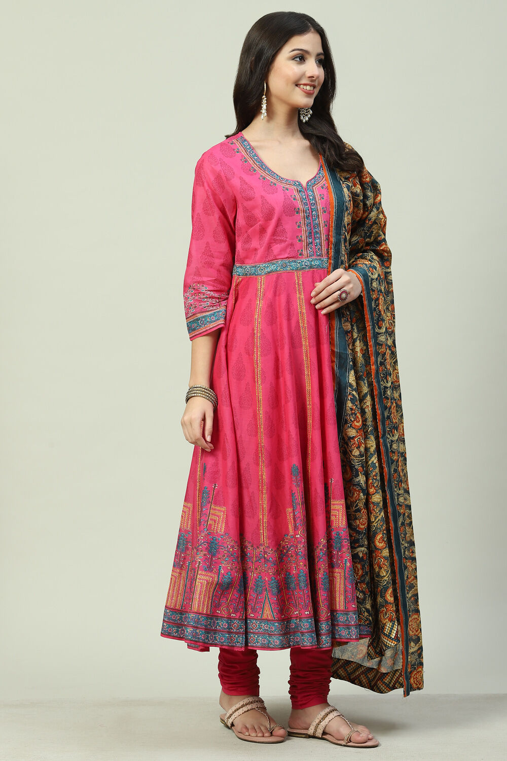 Fuschia Cotton Anarkali Kurta Churidar Suit Set image number 5