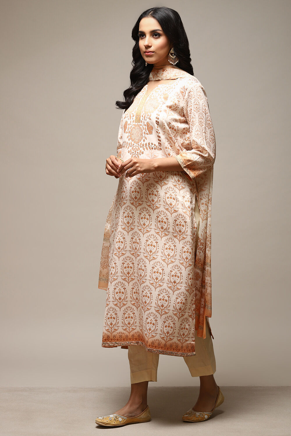 Beige Cotton Screen Print Unstitched Suit Set image number 10