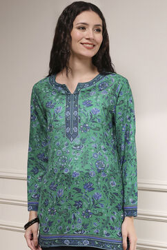 Turquoise Polyester Straight Printed Short Kurta image number 5