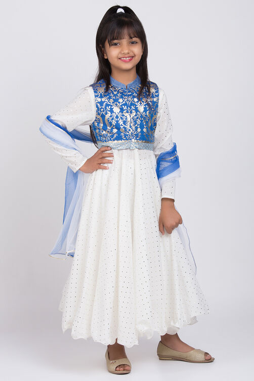 Off White Cotton Anarkali Kurta Churidar Suit Set image number 5