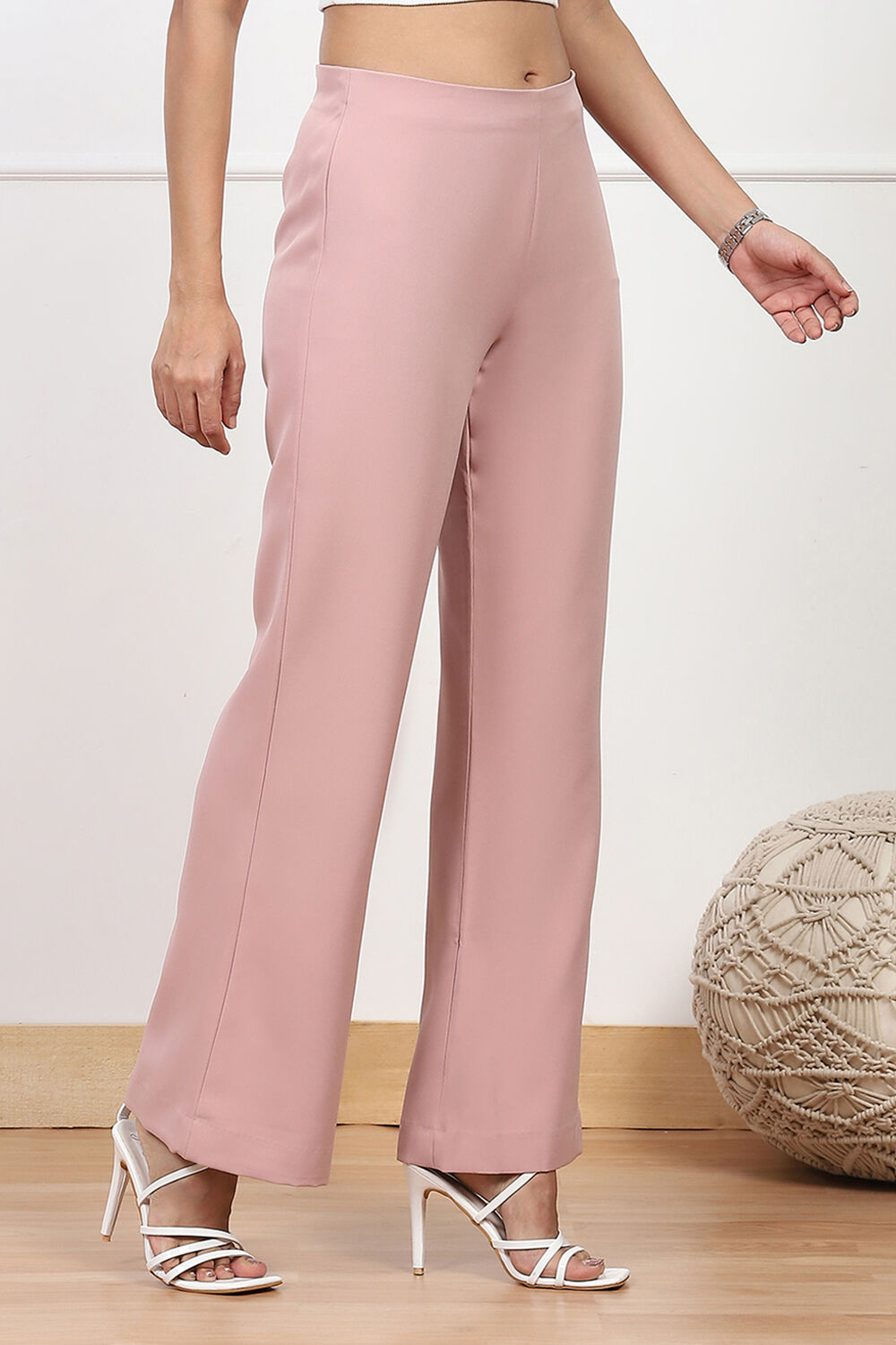 Beige Solid Relaxed Fit Pants image number 3