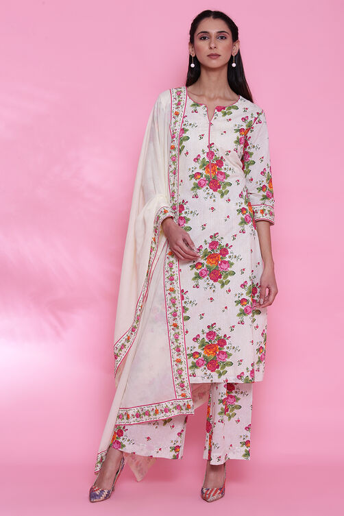 Off White Cotton Straight Kurta Palazzo Suit Set image number 0
