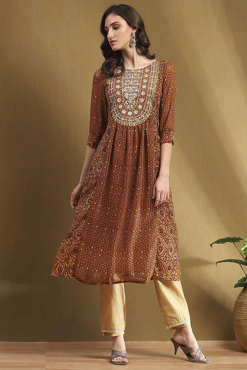 Brown Georgette Printed Gathered A-Line Kurta image number 0