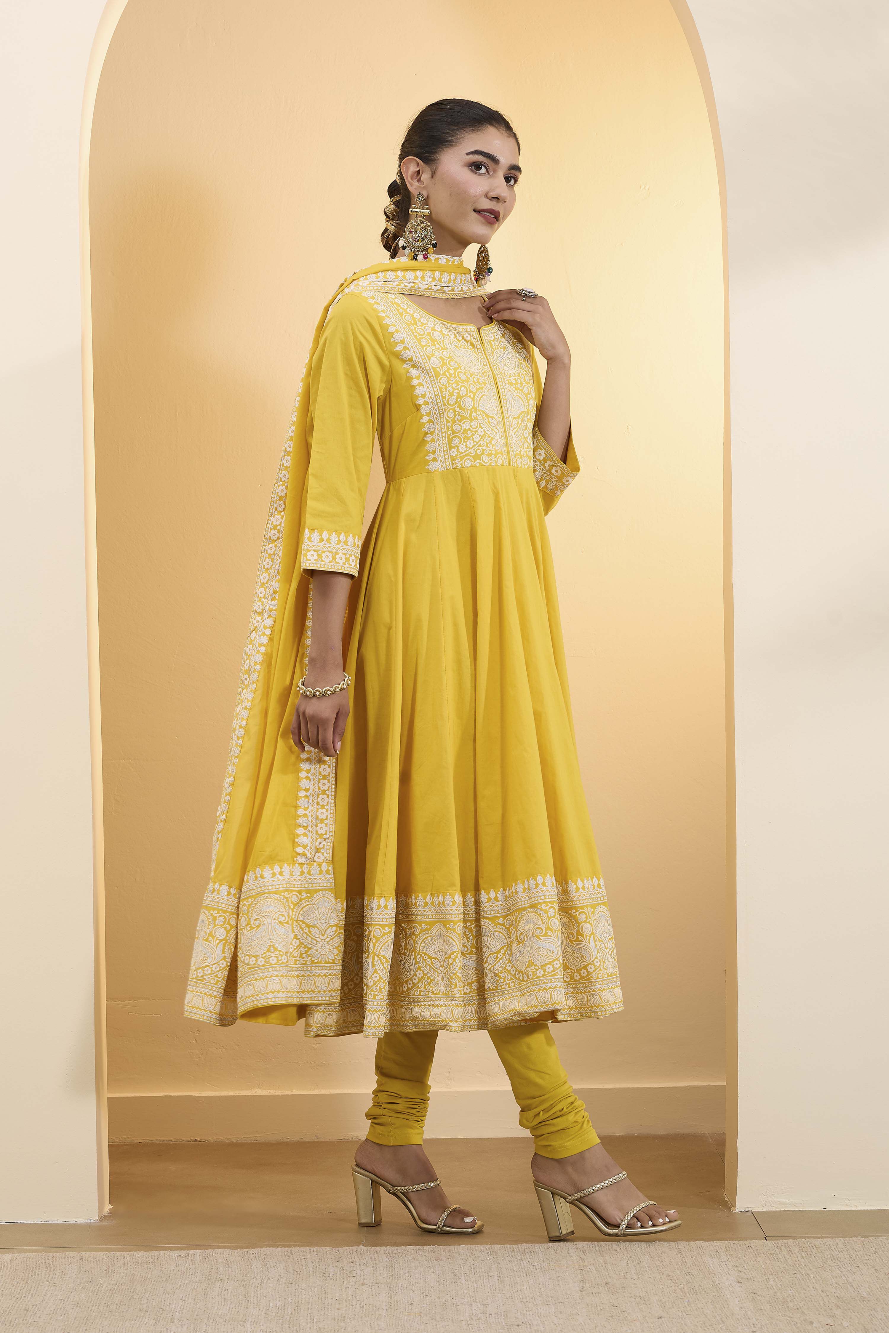 Yellow Cotton Embroidered Anarkali Kurta Set image number 5