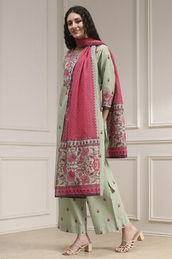 Sage Green Cotton Printed Straight Suit Set image number 3