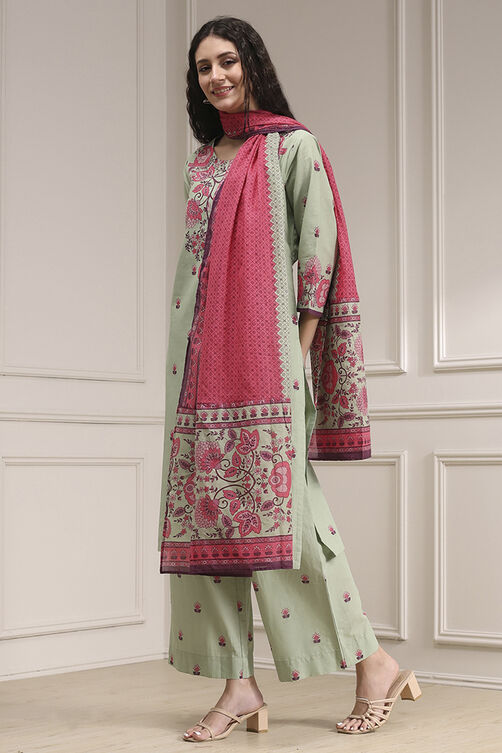 Sage Green Cotton Printed Straight Suit Set image number 3