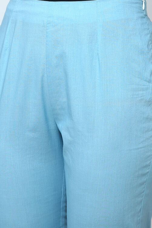 Blue Metallic Cotton Straight Kurta Slim Pant Suit Set image number 3