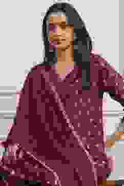 Green-Maroon Viscose Gathered Yarndyed Suit Set image number 7