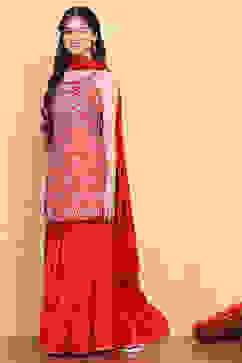 Red Printed Strappy Straight Suit Set image number 3