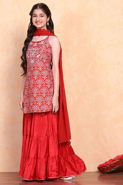 Red Viscose Blend Sharara Suit Set image number 3