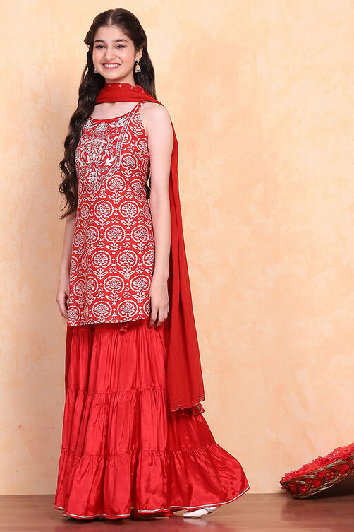 Red Viscose Blend Sharara Suit Set image number 3