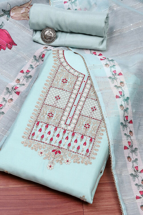 Blue Chanderi Machine Embroidered Unstitched Suit Set image number 0