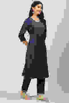 Navy Blue LIVA Metallic Straight Kurta Pants Suit Set image number 5